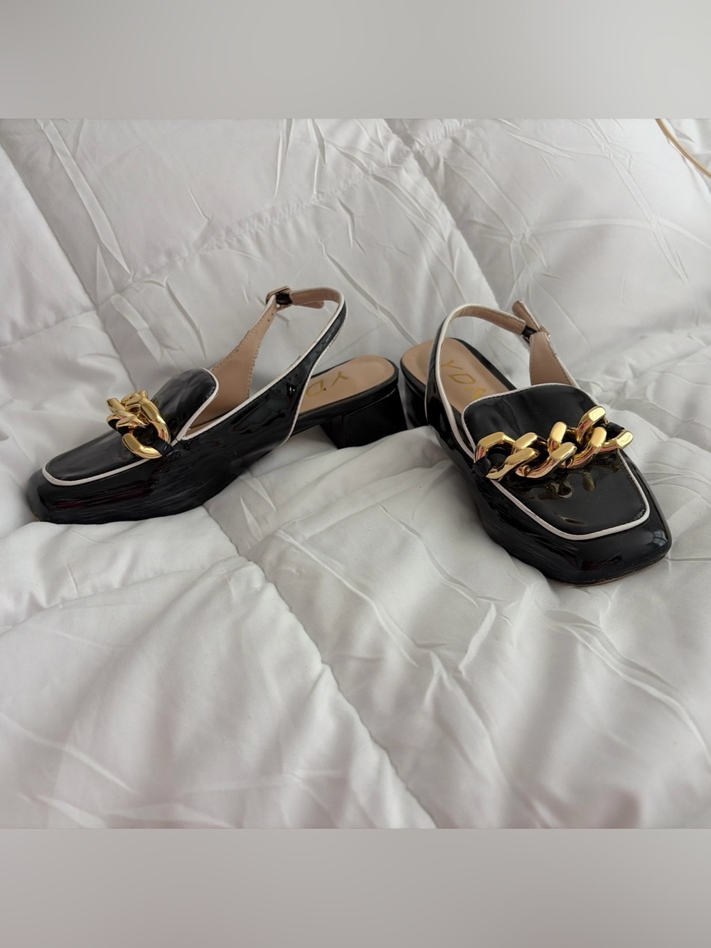 YDN 6.5 Closed Square Toe Block Low Heel Slingback Dressy Shoes Chunky Chain